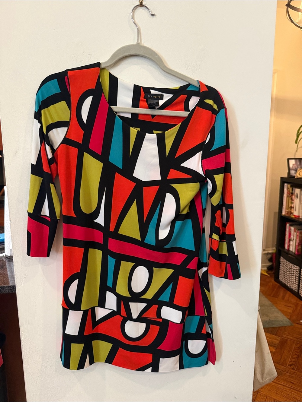 eva varro Teal Red Olive Pink White Geometric long Tunic top size small